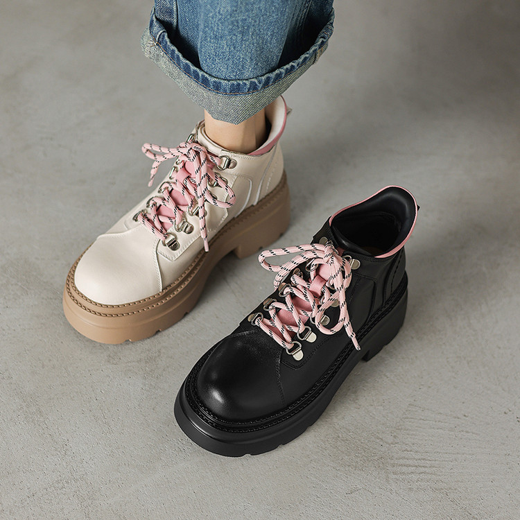 圆头松糕底布头层牛皮2025年秋季工装鞋