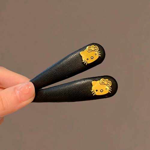 黑色皮质发夹边夹侧边小金猫碎发刘海夹日韩新款前额发卡bb夹发饰