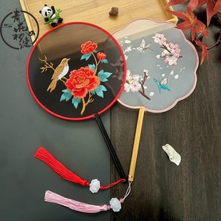 新款古风双面绣汉服旗袍专用团扇子儿童广场舞蹈摄影道具配饰圆扇