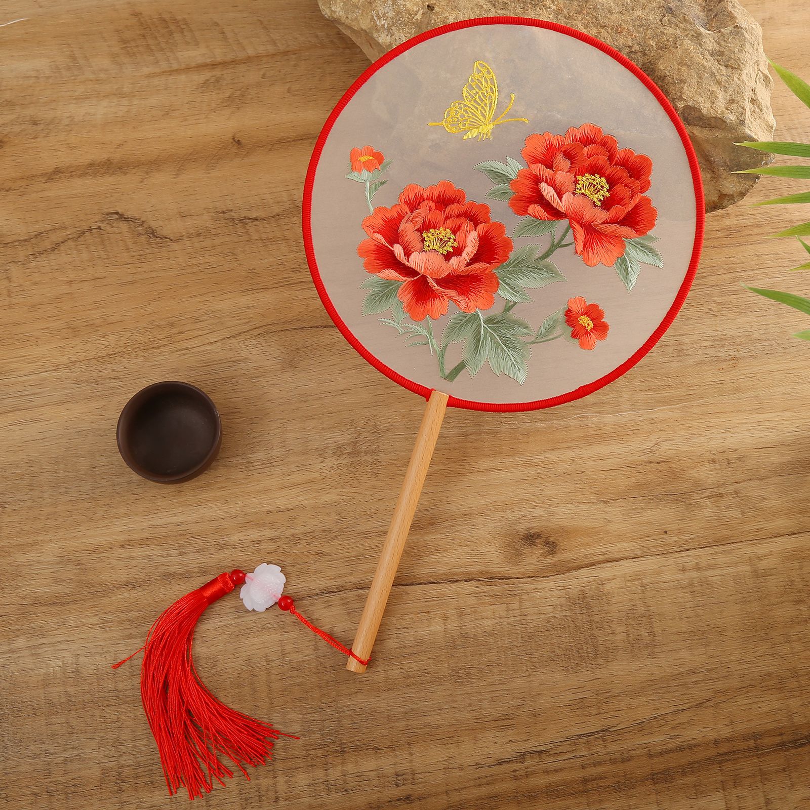 双面苏绣团扇牡丹古风刺绣扇子舞蹈专用国风汉服旗袍古典圆扇