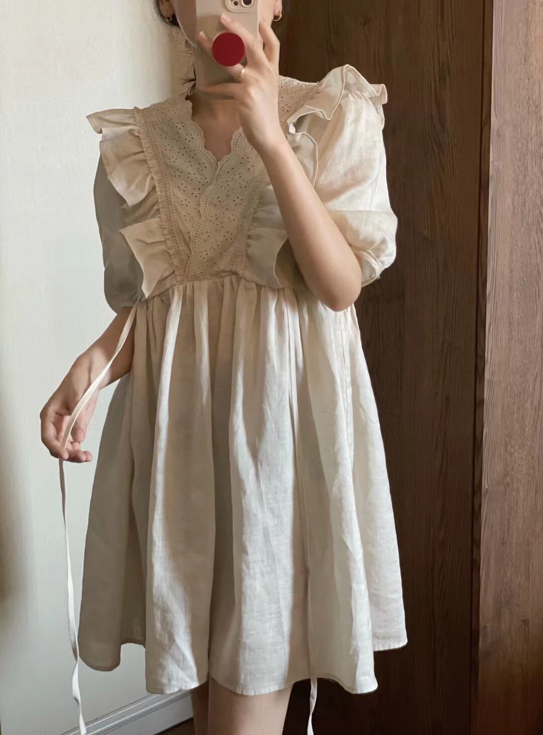YOYO女装工作室现货日单木耳蕾丝边麻料文艺清新气质连衣裙小个子