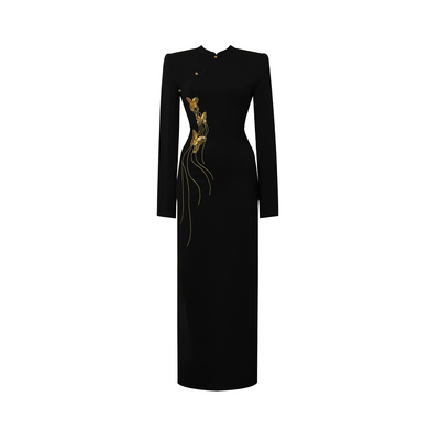 新中式黑色高级感国风刺绣蝴蝶设计气质连衣裙女秋季改良旗袍裙子