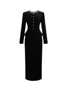 黑色复古假两件连衣裙女秋冬重工钉珠设计感高端礼服裙知性优雅风