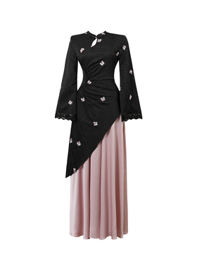 新中式黑色高级感国风假两件拼接粉色连衣裙秋冬收腰显瘦改良旗袍