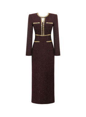 红色法式小香风名媛气质连衣裙女秋冬小众重工高级感收腰显瘦裙子