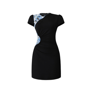 黑色新中式国风改良旗袍连衣裙女高级设计感修身收腰小众复古短裙