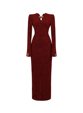 国风红色新中式收腰显瘦高端连衣裙女秋冬高级感内搭旗袍订婚礼服