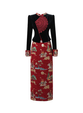 新中式假两件连衣裙女装春季红色立领长袖收腰裙优雅气质新年喜庆