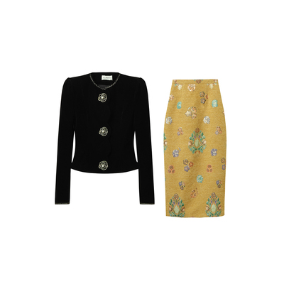 新中式名媛套装裙秋冬小众设计感丝绒长袖外套半身裙高级感两件套