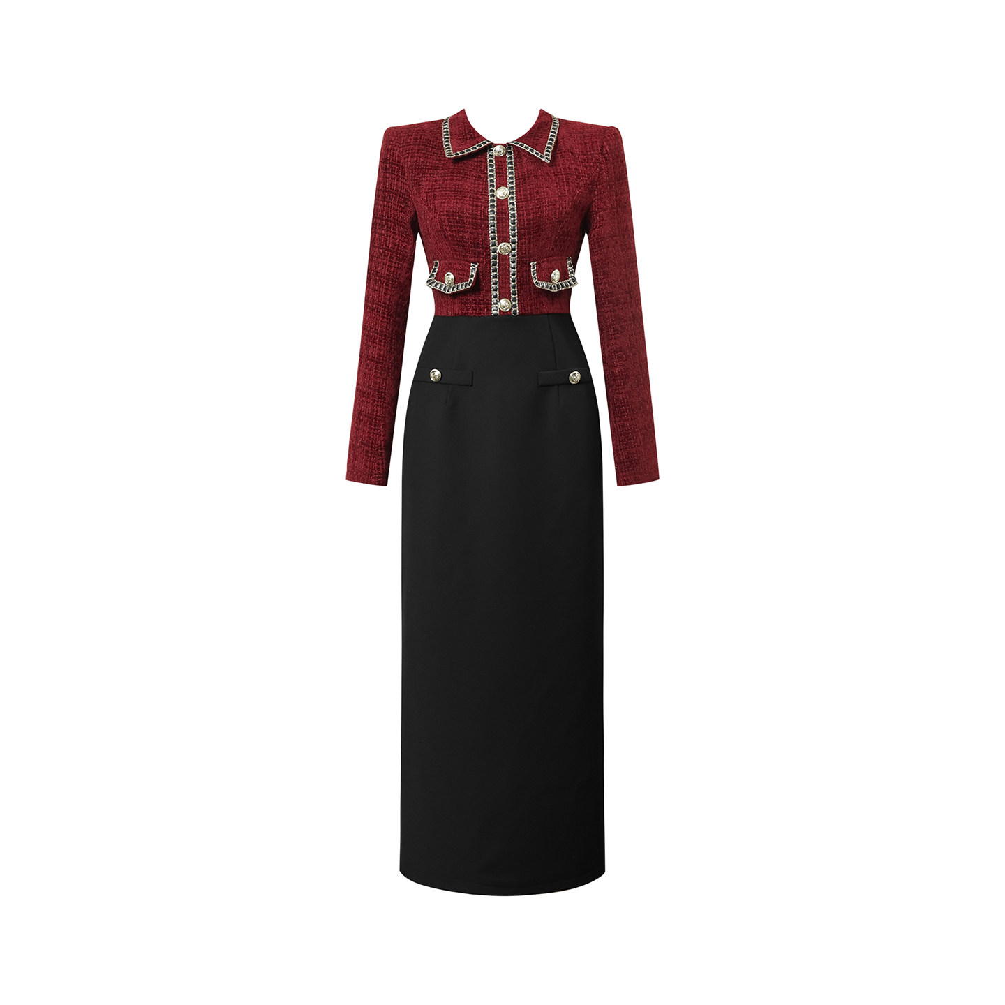 红色法式小香风名媛气质连衣裙女秋冬小众设计感假两件拼接长裙子