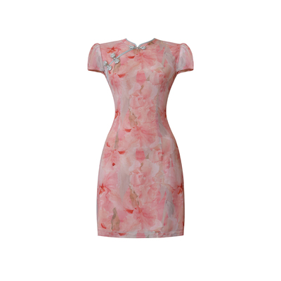 新中式印花改良旗袍连衣裙子女夏季设计感小个子收腰显瘦短款裙子