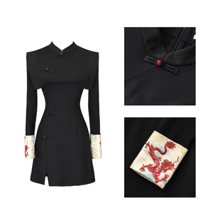 新中式高级感收腰显瘦裙子女秋国风立领改良旗袍小个子连衣裙短款