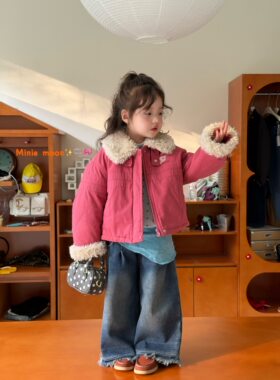 小树家 小月亮26秋冬款毛绒翻领kt棉服外套波点打底衫加绒牛仔裤
