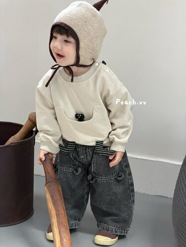 小树家 peach毛桃2026秋款男宝卡通连帽卫衣外套牛仔裤套装