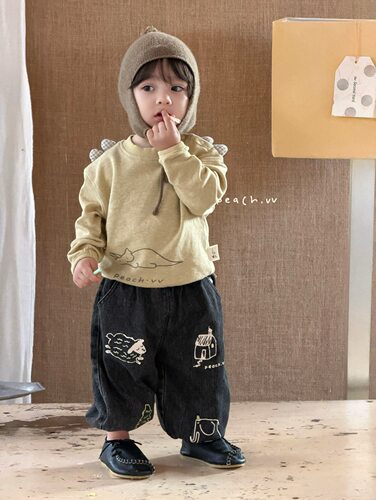 小树家 peach毛桃2026秋款婴童男宝卡通印花卫衣牛仔裤套装