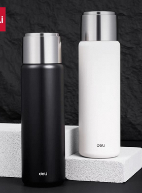 得力保温杯LL628白色大容量便携茶水分离茶杯316不锈钢500ml水杯