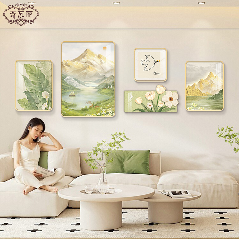 奶油风客厅装饰画山水画沙发背景墙挂画现代简约日照金山组合壁画图片