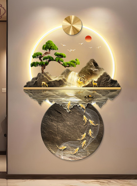 流水生财新中式玄关装饰画入户正对门壁画灯走廊过道山水高端挂画