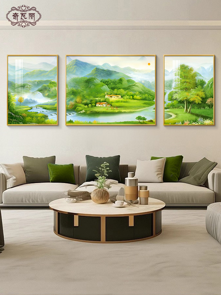 聚宝盆山水画客厅挂画现代简约沙发背景墙装饰画手绘山水壁画高雅