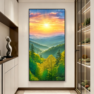旭日东升入户玄关装饰画森林风景手绘油画正对门挂画日出东方壁画