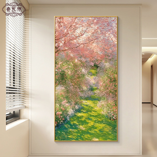 莫奈花园手绘油画玄关装 饰画入户正对门挂画抽象客厅走廊过道壁画