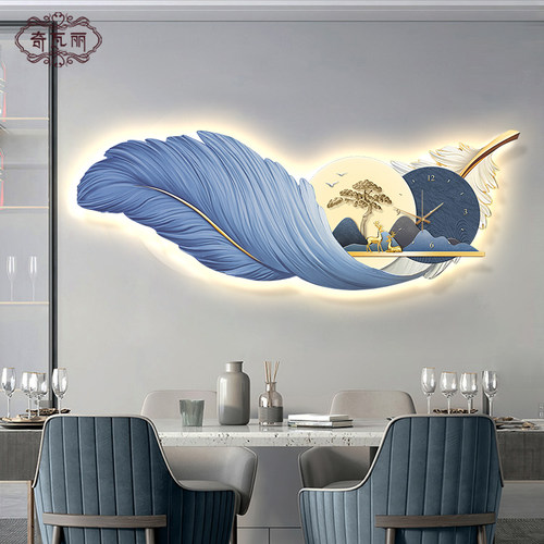羽毛餐厅装饰画带钟表挂钟客厅高档鹿挂画新中式山水时钟led灯画