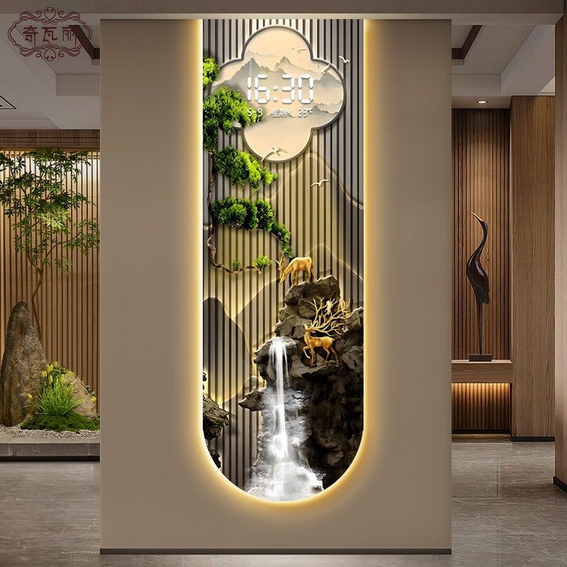 迎客松玄关装饰画轻奢高级感电子钟走廊过道挂画客厅创意时钟壁灯