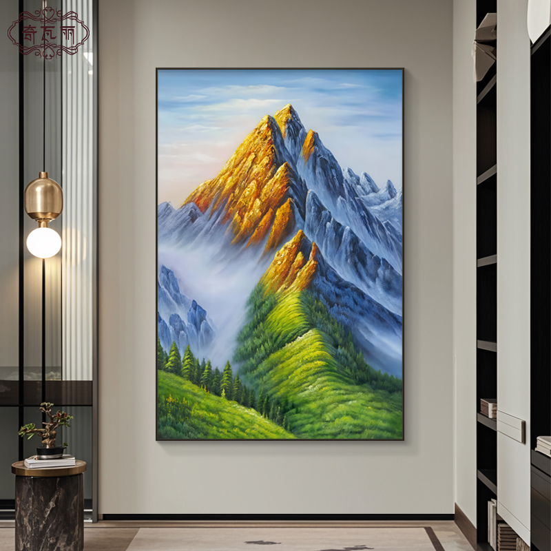 背有靠山入户玄关装饰画轻奢高级感走廊过道挂画手绘油画山水壁画图片