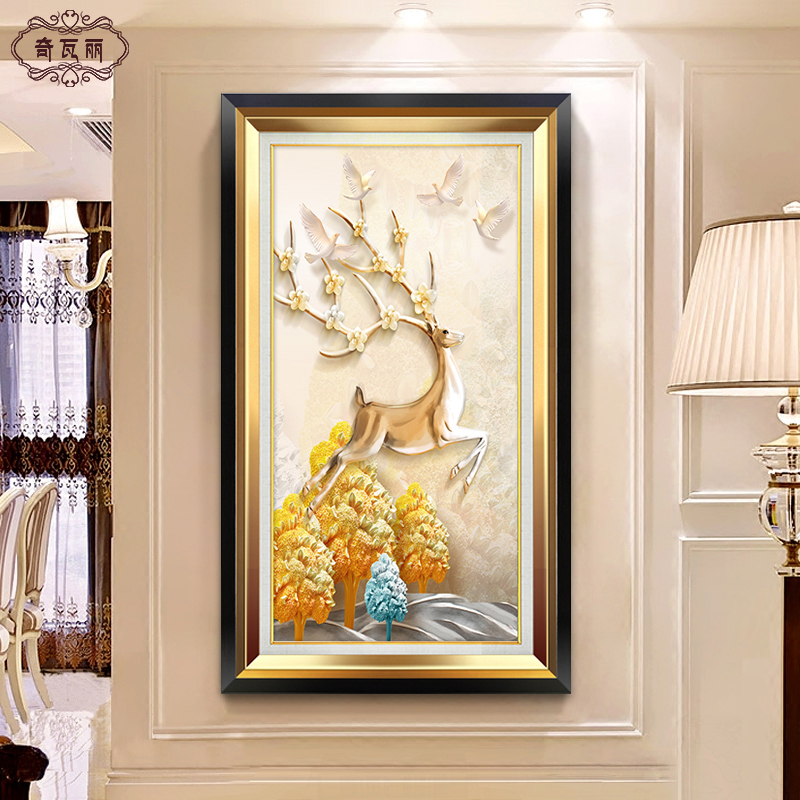 麋鹿玄关装饰画进门玄关画轻奢竖版过道挂画走廊尽头壁画欧式油画