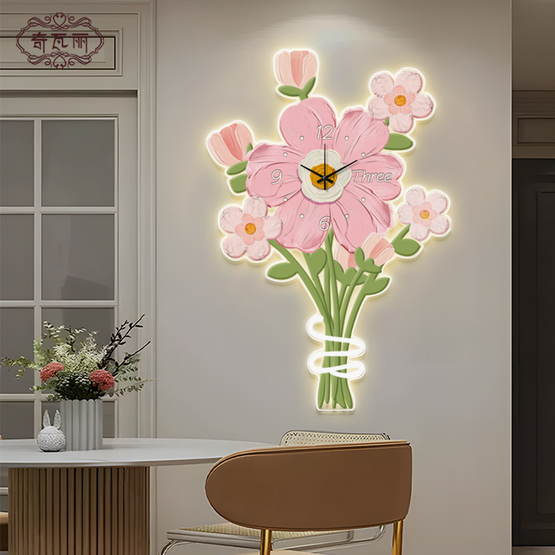 郁金香餐厅钟表挂钟小清新客厅装饰画led发光挂画奶油风花卉壁画