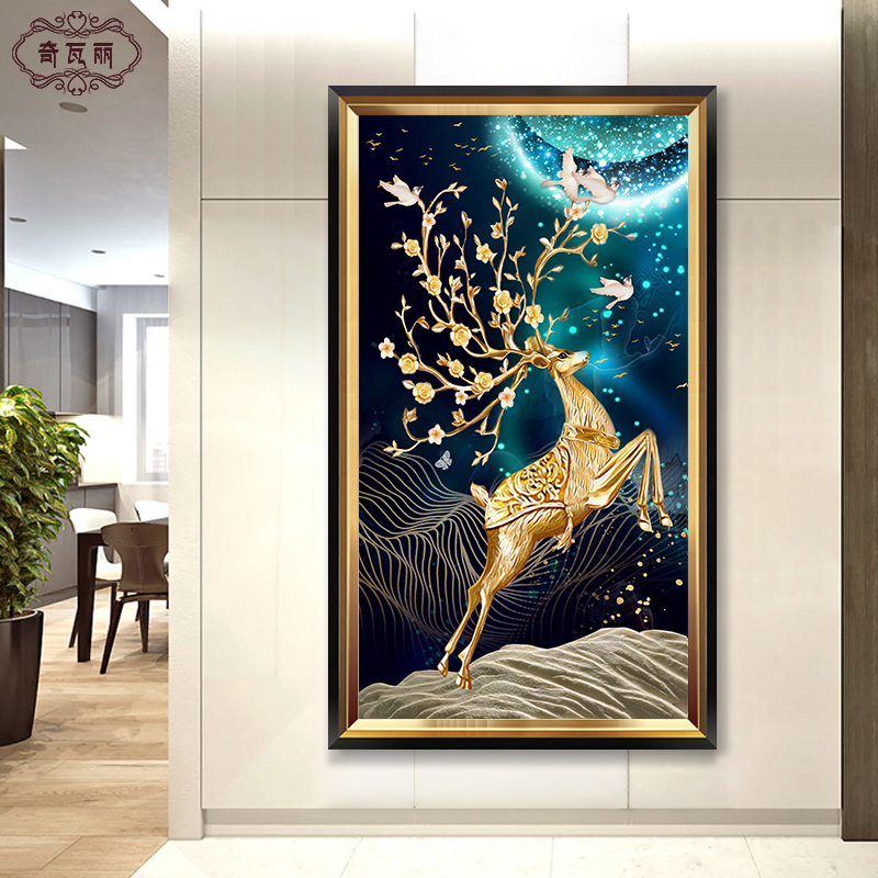 进户门正对玄关画高端走廊装饰画过道竖版壁画客厅轻奢欧式鹿挂画图片