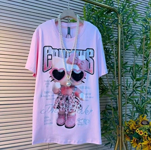 甜心粉Hello kitty烫钻字母短袖T恤大衫2026印花t恤女夏宽松T恤裙