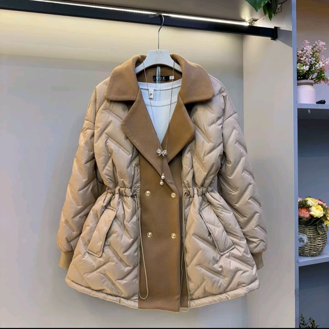 胖mm秋冬时尚翻领长袖拼接棉服外套女大码韩版收腰显瘦棉衣棉袄女