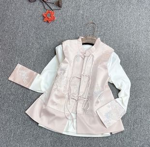 T恤两件套装 2024早春高级感新中式 拼袖 国风粉色盘扣马甲长袖 女装