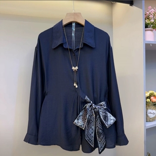 Polo领白色衬衣女胖mm巨显瘦系带收腰衬衫 2025秋季 法式 大码 女 女装