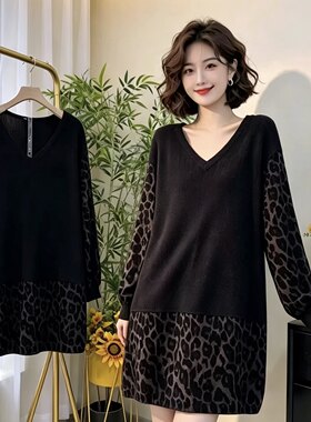 2026秋冬韩版v领豹纹拼接下摆袖口长袖连衣裙女宽松中长款套头衫
