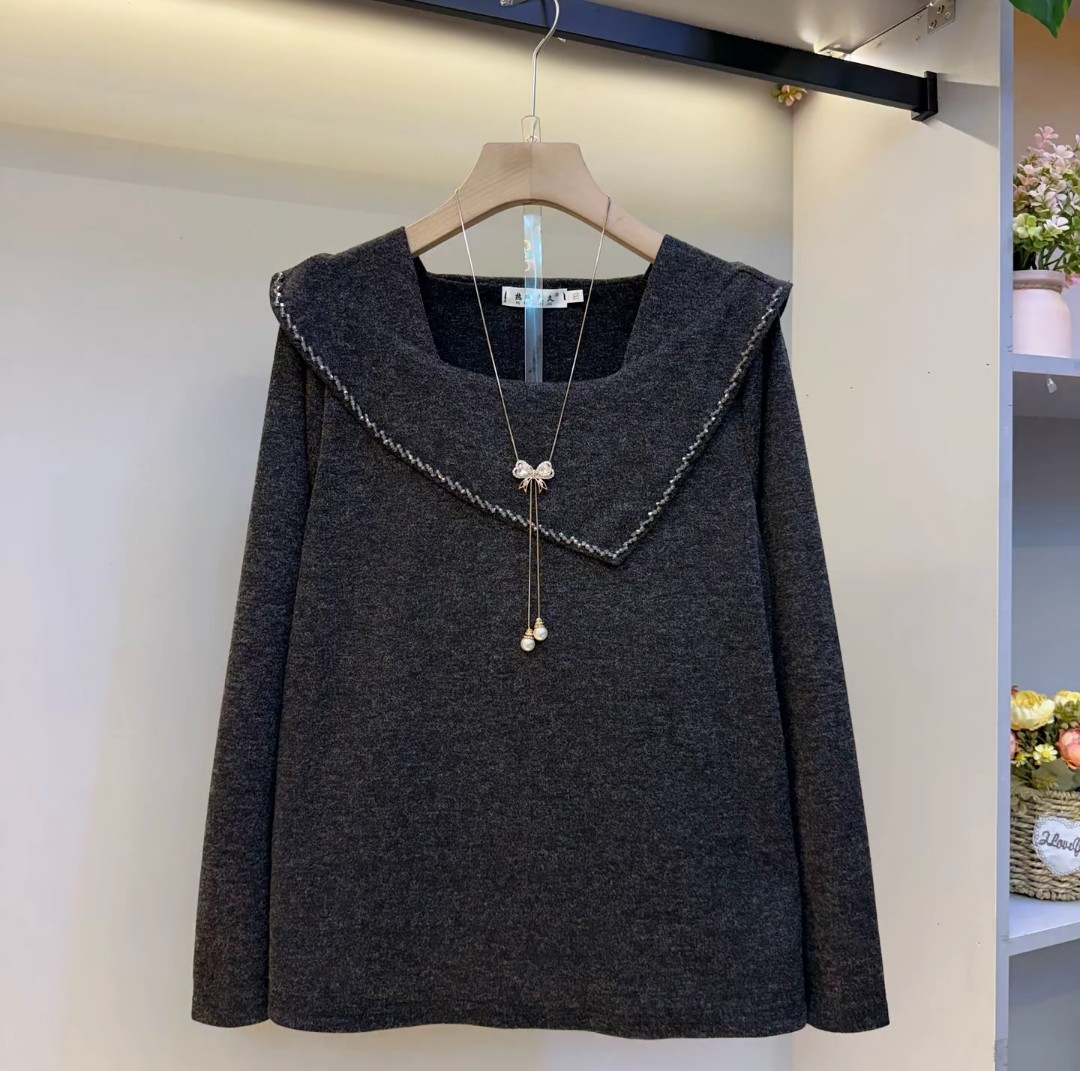 欧货设计感不规则方领串珠斜领口长袖t恤女装2026春秋款小众上衣,女装/女士精品,T恤,淘宝优惠券,粉丝福利购,淘宝优惠卷