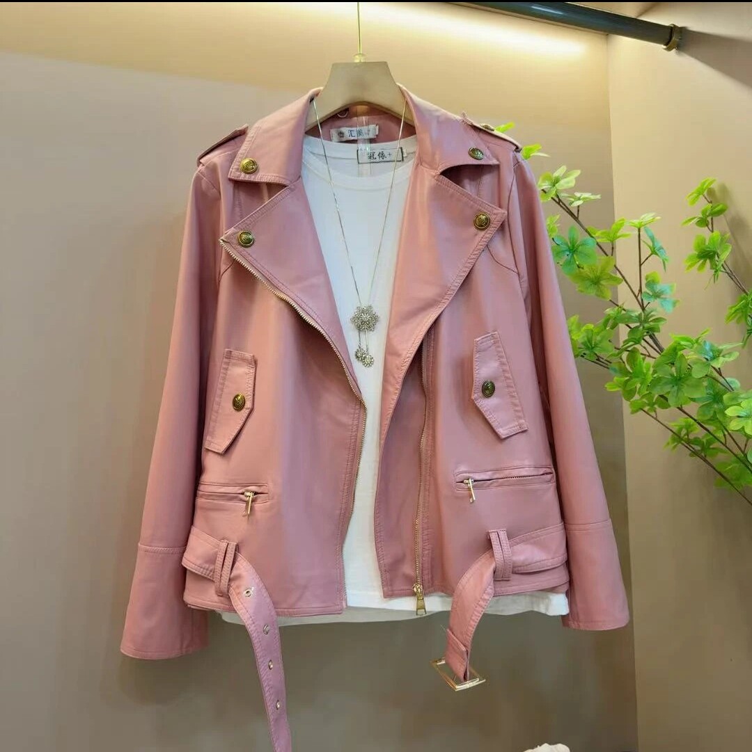皮衣外套女春季新款气质欧洲站翻领拉链设计感重工PU夹克外套58cm