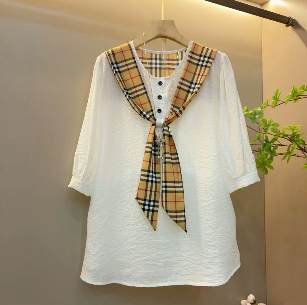 2026春季女装白色七分袖拼接丝巾衬衫女宽松百搭上衣衬衣女大衫潮