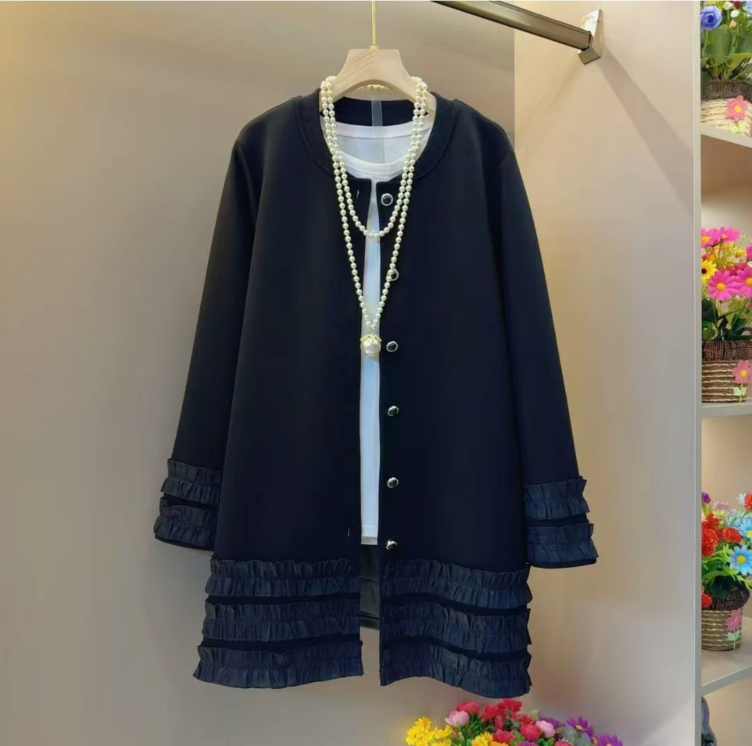 大码女装胖mm宽松显瘦中长款长袖外套女设计感小众遮臀开衫外衣女