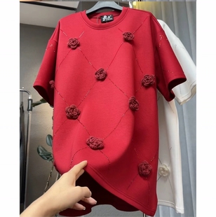 宽松显瘦圆领大码 立体毛线花朵烫钻短袖 韩版 中长款 打底t裙 T恤大衫