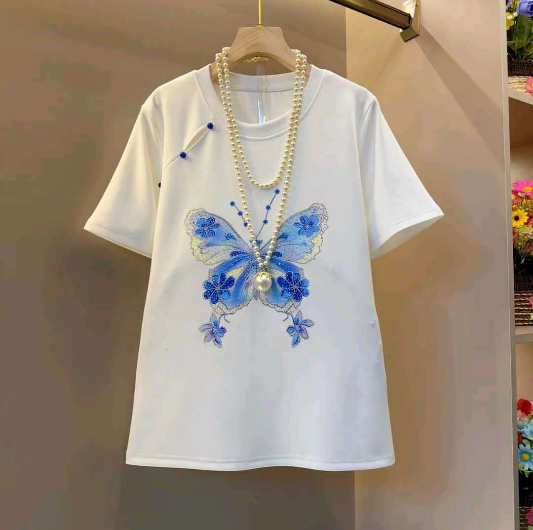 2026夏季圆领百搭烫钻印花蝴蝶短袖T恤女大码白色新款潮流上衣t恤