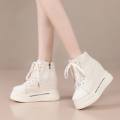 米色14厘米隐形增高马丁靴女2025新款 单靴小个子内增高百搭帆布鞋