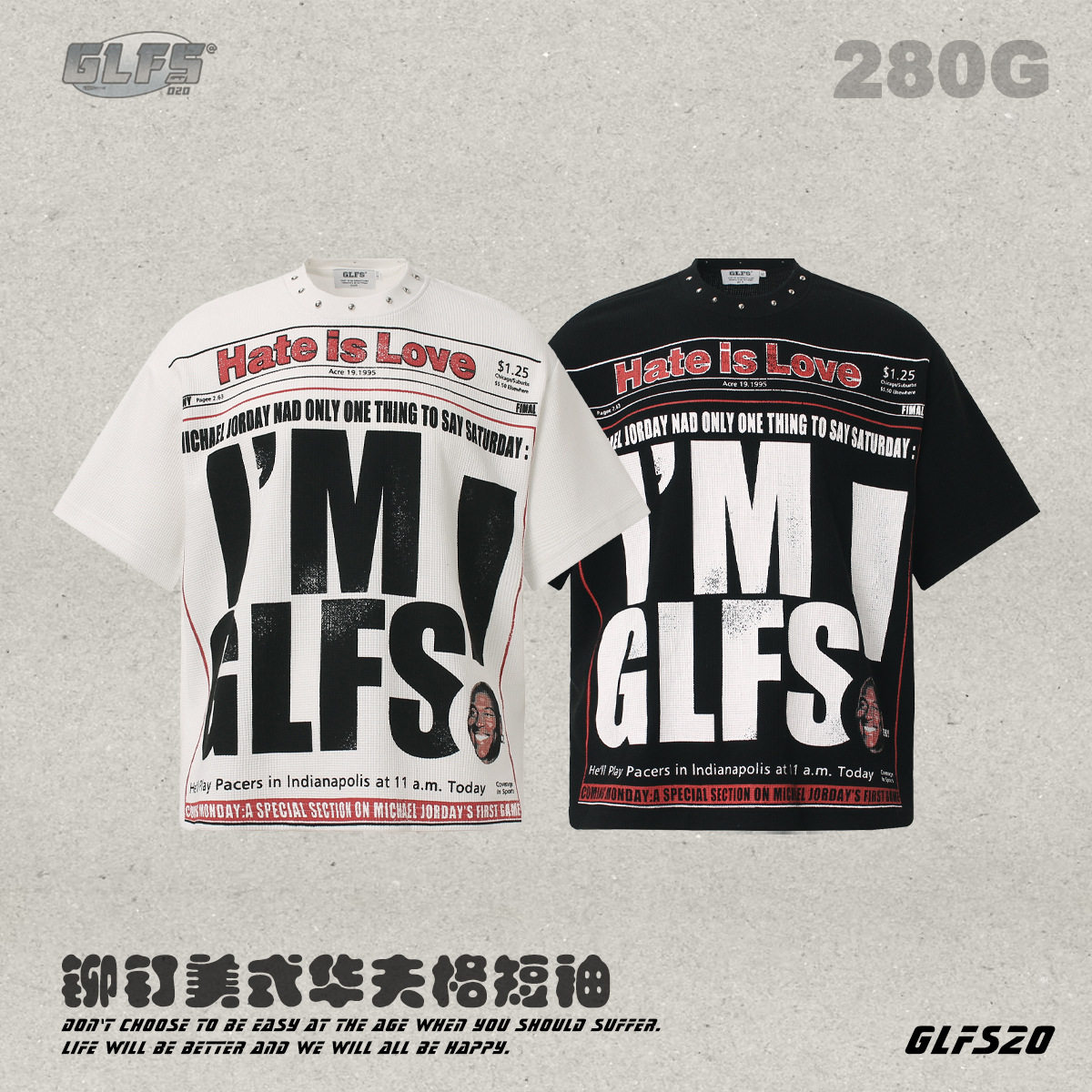 GLFS 重磅华夫格男式上衣短袖 铆钉暗黑街潮t恤 ins标语印花半袖