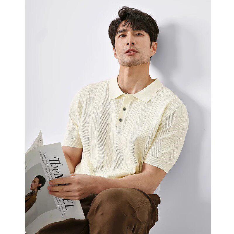意式商务绅士 高级感杏色针织POLO衫男士时尚休闲镂空翻领短袖T恤
