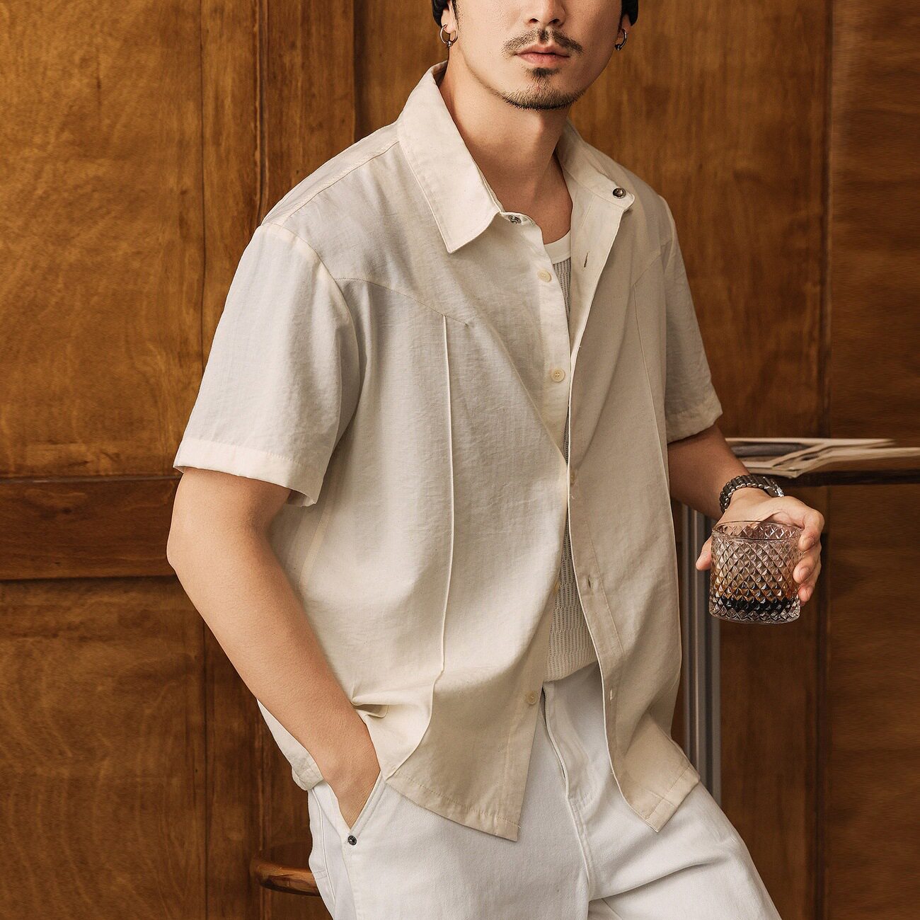 美式复古莫瑞老钱风白色短袖衬衫男士夏季薄款轻奢宽松休闲衬衣男