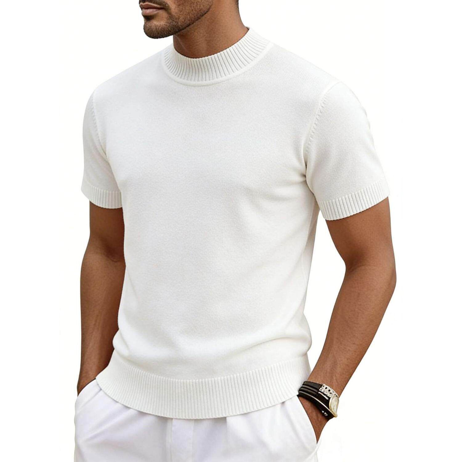 2026新款夏季休闲短袖针织衫T恤男半高领纯色老钱风冰丝大码修身T