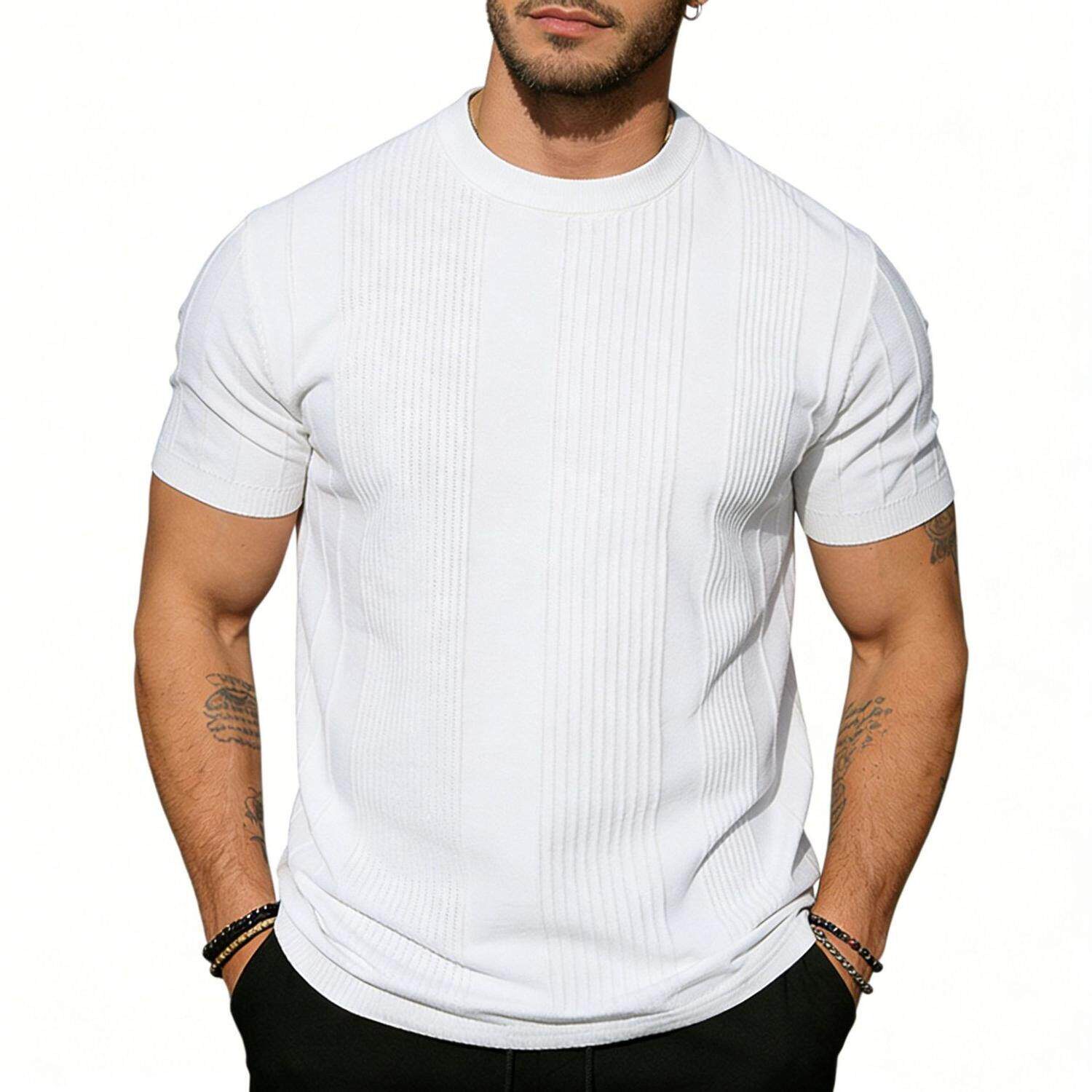 2026新款修身短袖针织衫T恤男纯色条纹老钱风冰丝夏季大码休闲衫