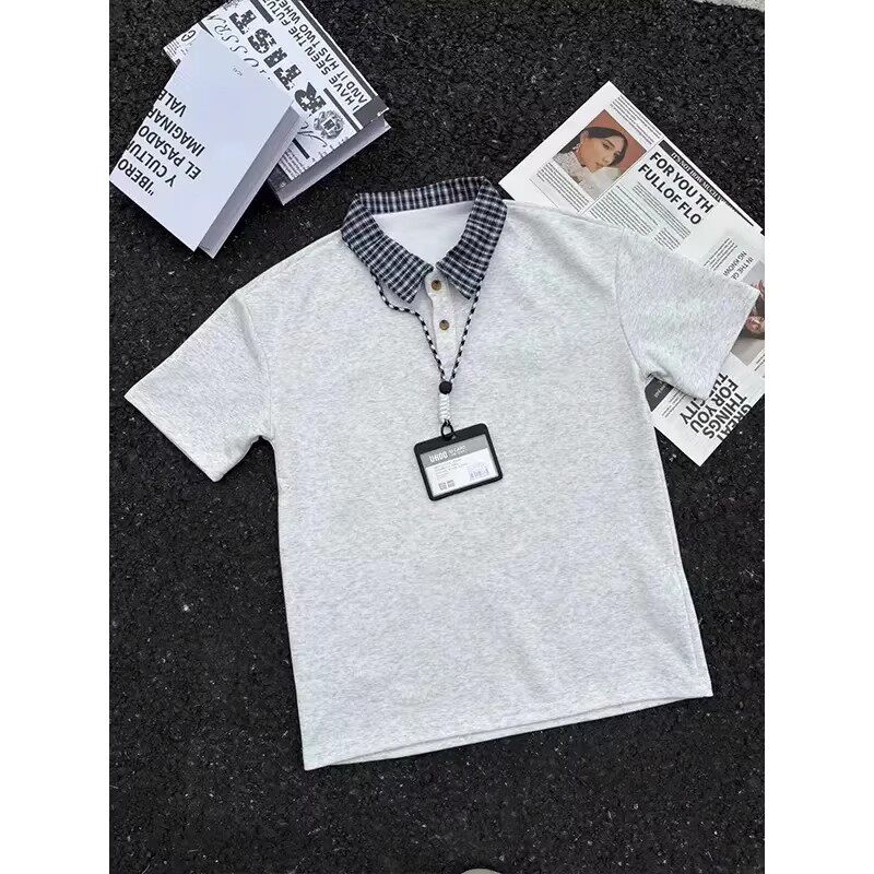 白灰色拼接格子polo衫短袖男款夏季假两件正肩t恤美式运动半截袖
