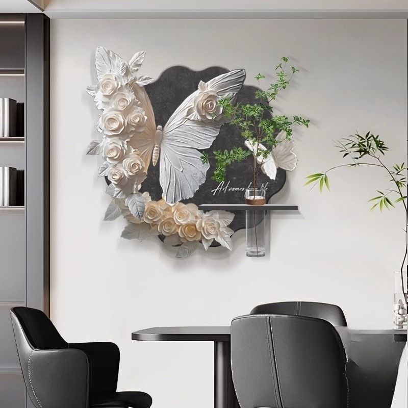 水培绿植餐厅装饰画轻奢高级蝴蝶立体感壁画灯光画饭厅背景墙挂画图片